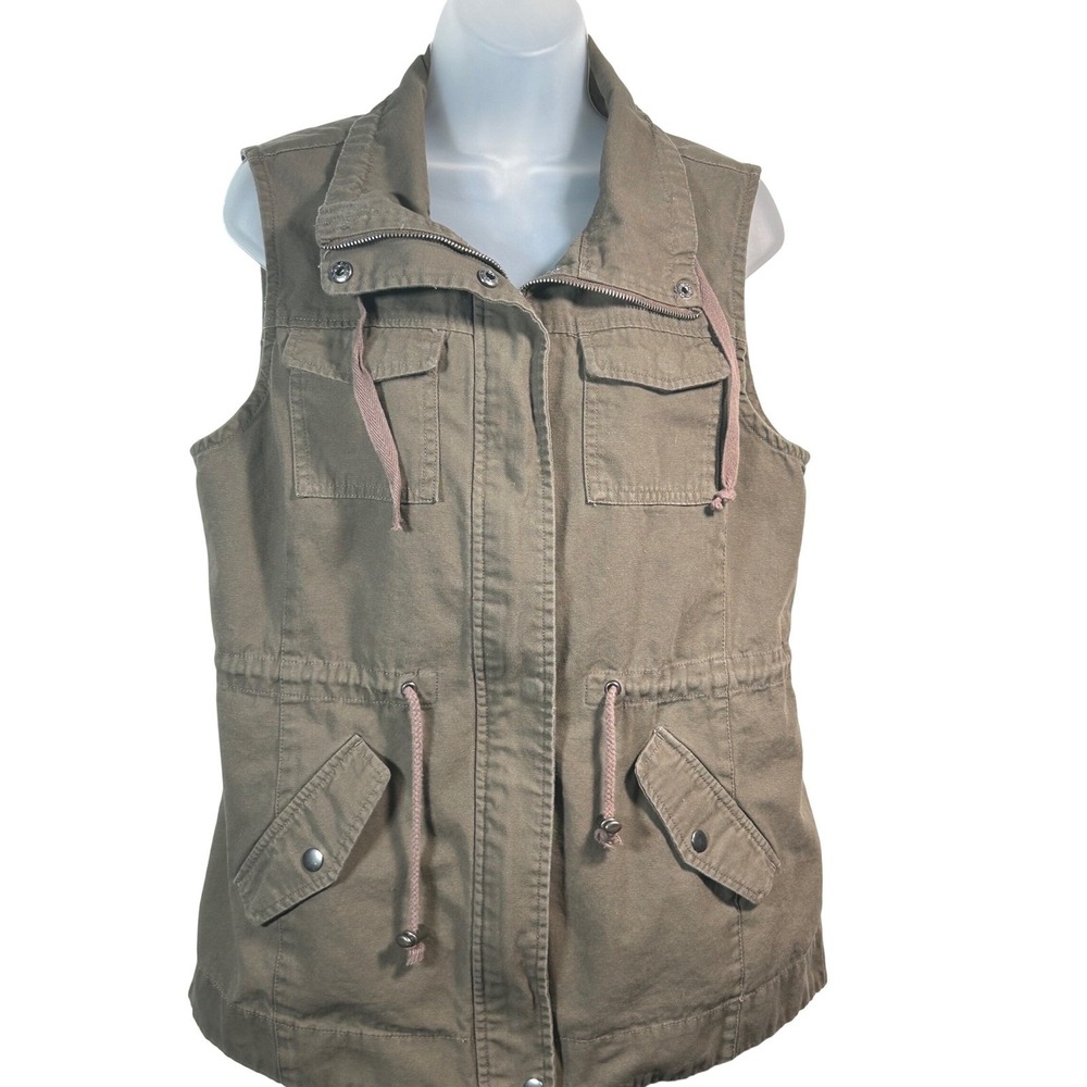 Sebby Women Utility Vest Khaki Green Cargo Pockets Drawstring Sleeveless M VTG